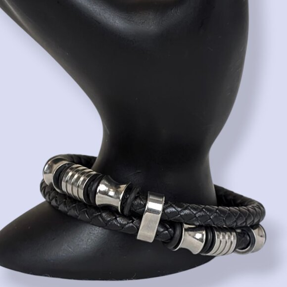 2-Strand Braided Leather Metal Accent Bracelet - Picture 1 of 7